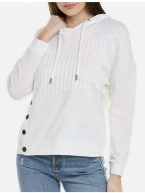 CAbi White ATC Road Trip Hoodie Long Sleeves with Black Snap Accents | S